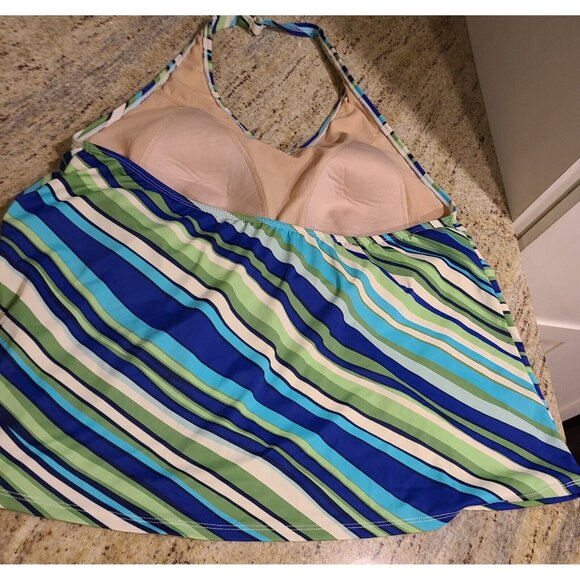 LL Bean Tankini Swim Skirt Set Plus Size 18 Blue Green Stripe Halter - Picture 12 of 16